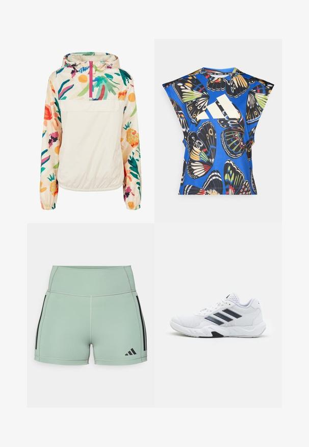 Könnyű, krémszínű pulóver dzseki élénk színekben pompázó virágmintával. Elöl cipzárral, kapucnival és elasztikus mandzsettákkal a biztonságos illeszkedés érdekében.; Kék, rövid ujjú ing, amelyet élénk pillangó mintázat díszít különböző színekben, az elején egy nagy fehér logóval és kerek nyakkivágással.; Rövid sportos nadrág világos menta zöld anyagból, fekete oldalcsíkkal és logóval, lapos varrásokkal a kényelmes viselet érdekében.; Fehér sportcipő, hálós felsőrésszel, az oldalon három fekete csíkkal, textúrázott részletekkel és egy tartós gumi talppal, amelynek ellentétes fekete szakasza van.