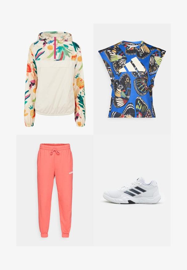 Lahki, kremni pulover jakna s cvetličnim vzorcem v živih barvah. Ima sprednji zadrgo, kapuco in elastične manšete za varen oprijem.; Modra kratka majica s kratkimi rokavi, ki vsebuje živahno potisk z metulji v različnih barvah, z velikim belim logotipom spredaj in okroglim izrezom.; Korallne trenirke z elastičnim pasom in nastavljivo vrvico. Zmanjšani gležnji in bel logotip Adidas natisnjen na bokih.; Bela atletska čevlja z mrežastim zgornjim delom, tremi črnimi črtami na strani, teksturiranimi dodatki in trdim gumijastim podplatom z kontrastnim črnim delom.