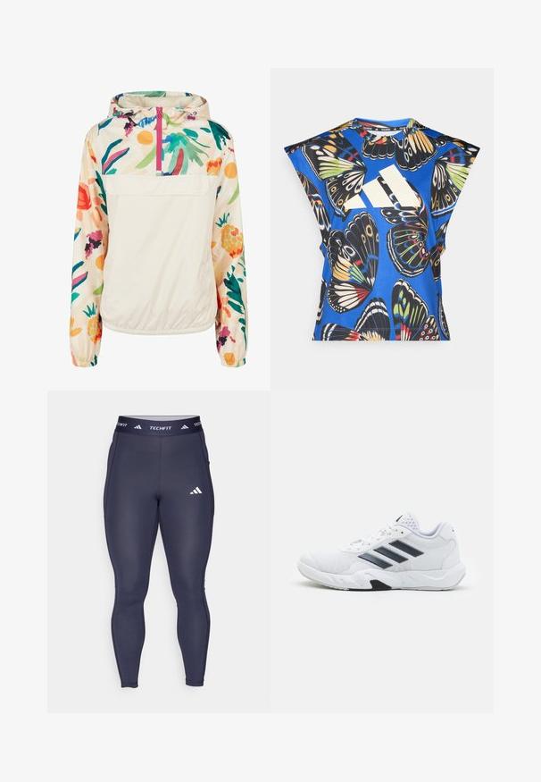 Lagani, krem pulover jakna s cvjetnim uzorkom u živim bojama. Ima prednji zip, kapuljaču i elastične manžete za sigurno prianjanje.; Plava košulja kratkih rukava s vibrantnim uzorkom leptira u raznim bojama, s velikim bijelim logom sprijeda i okruglim izrezom.; Mornarice uske tajice od rastezljivog materijala, s kontrastnim bijelim "TECHFIT" logoom i grbom na remenu.; Bijela atletska cipela s mrežastim gornjim dijelom, tri crne pruge sa strane, strukturirani detalji i čvrst gumeni potplat s kontrastnim crnim dijelom.