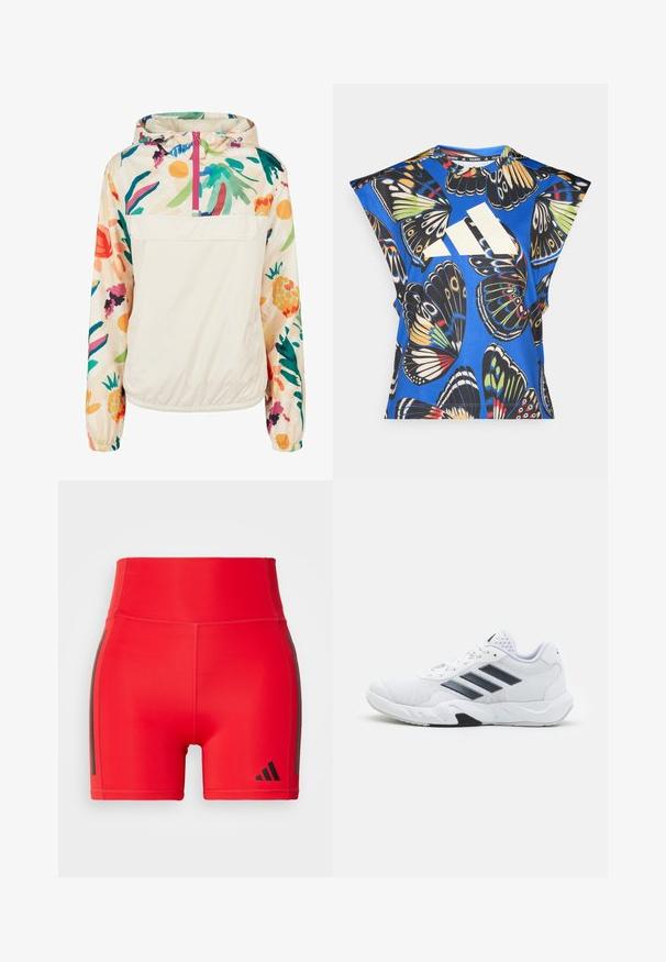 Veste à capuche légère en crème avec un motif floral aux couleurs vives. Elle dispose d'une fermeture éclair à l'avant et de poignets élastiques pour un ajustement sécurisé.; Chemise bleue à manches courtes ornée d'un imprimé de papillons colorés, avec un grand logo blanc sur le devant et un col rond.; Shorts de sport rouges avec une taille haute, fabriqués en matériau extensible, présentant des rayures latérales noires et un logo en relief dans le coin inférieur.; Baskets blanches avec une tige en maille, trois rayures noires sur le côté, des accents texturés et une semelle en caoutchouc robuste avec une section noire contrastante.