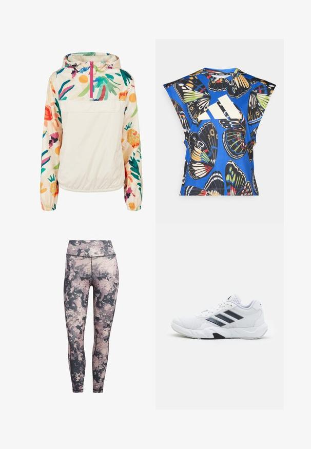 Lightweight, cream pullover jacket with a floral pattern in vibrant colors. Features a front zip, hood, and elastic cuffs for a secure fit.; Blue short-sleeve shirt featuring a vibrant butterfly print in various colors, with a large white logo on the front and a round neckline.; adidas Performance YOGA STUDIO - Leggings - purple; White athletic shoe with mesh upper, three black stripes on the side, textured accents, and a sturdy rubber sole with a contrasting black section.