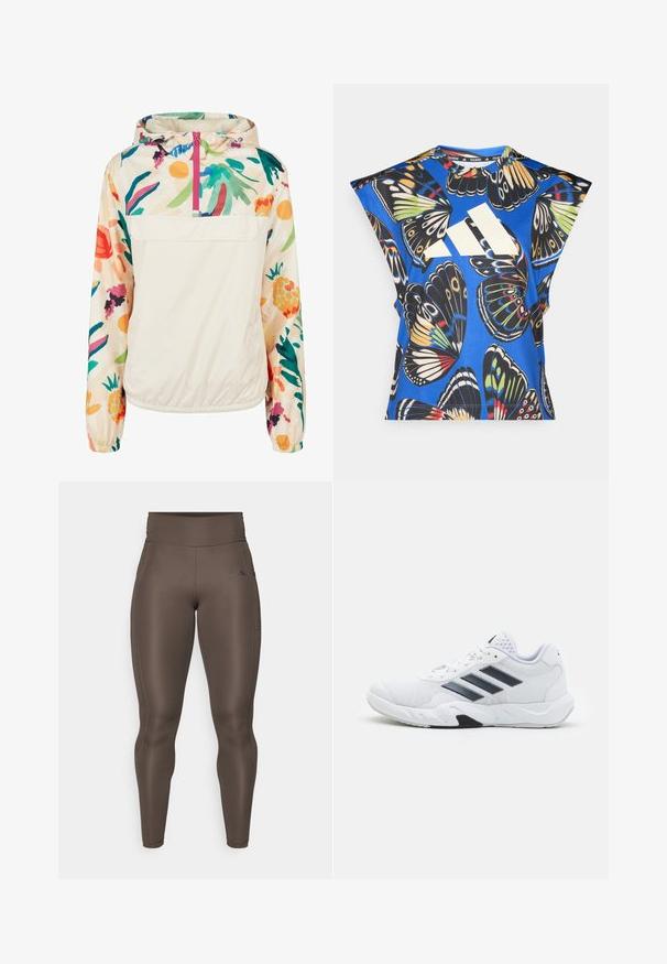 Lightweight, cream pullover jacket with a floral pattern in vibrant colors. Features a front zip, hood, and elastic cuffs for a secure fit.; Blue short-sleeve shirt featuring a vibrant butterfly print in various colors, with a large white logo on the front and a round neckline.; Brown athletic leggings with a high waist, smooth texture, side pocket, and subtle logo detail. Form-fitting design for comfort and movement.; White athletic shoe with mesh upper, three black stripes on the side, textured accents, and a sturdy rubber sole with a contrasting black section.