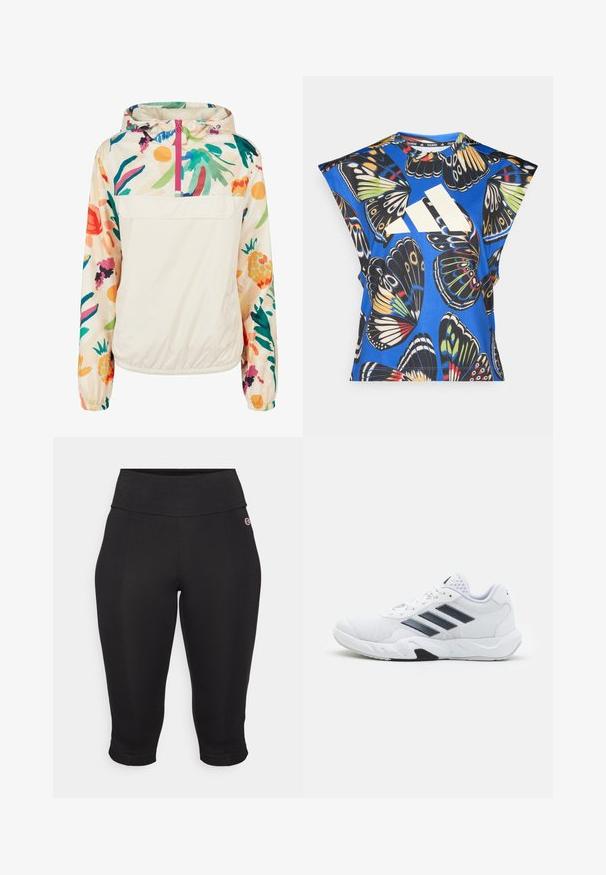 Gaišs, krēmkrāsas džemperis ar ziedu rakstu spilgtās krāsās. Iespējas ietver priekšējo rāvējslēdzēju, kapuci un elastīgas aproces drošai piegulšanai.; Zils īsām piedurknēm krekls ar dzīvīgu tauriņu drukājumu dažādās krāsās, ar lielu baltu logo priekšpusē un apaļu kakla izgriezumu.; Melni kapri legingi, kas izgatavoti no elastīga auduma. Augsts vidukļa josla ar gludu tekstūru, pieguļoši cauri kājām un ar potītes garuma piedurknēm.; Baltā sporta apavi ar sietu augšdaļu, trīs melnām svītrām sānos, teksturētām akcentiem un izturīgu gumijas zoli ar kontrastējošu melnu daļu.