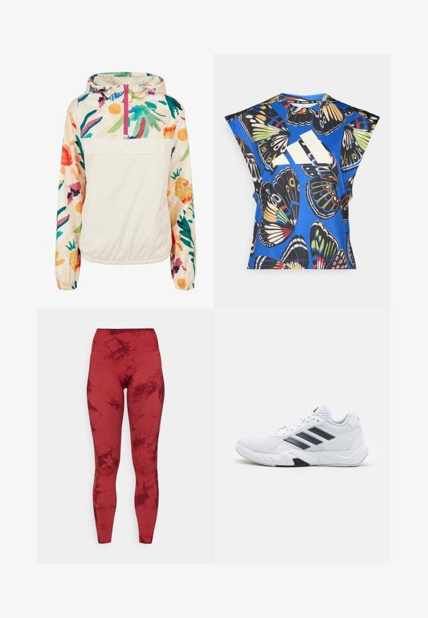 Lengvas, kreminės spalvos megztinis su gėlėmis ryškiomis spalvomis. Savybės: priekinis užtrauktukas, kapišonas ir elastingi rankogaliai, užtikrinantys tvirtą tinkamumą.; Mėlyna trumpomis rankovėmis marškinėliai, puošti ryškiais drugelių motyvais įvairiomis spalvomis, su dideliu baltu logotipu priekyje ir apvaliu iškirpimu.; ONLY Play ONPTIE SEAM - Tamprės - sun dried tomato; Baltas sportinis batelis su tinklelio viršumi, trimis juodomis juostelėmis šone, tekstūruotais akcentais ir tvirtu guminio pado su kontrastinga juoda dalimi.