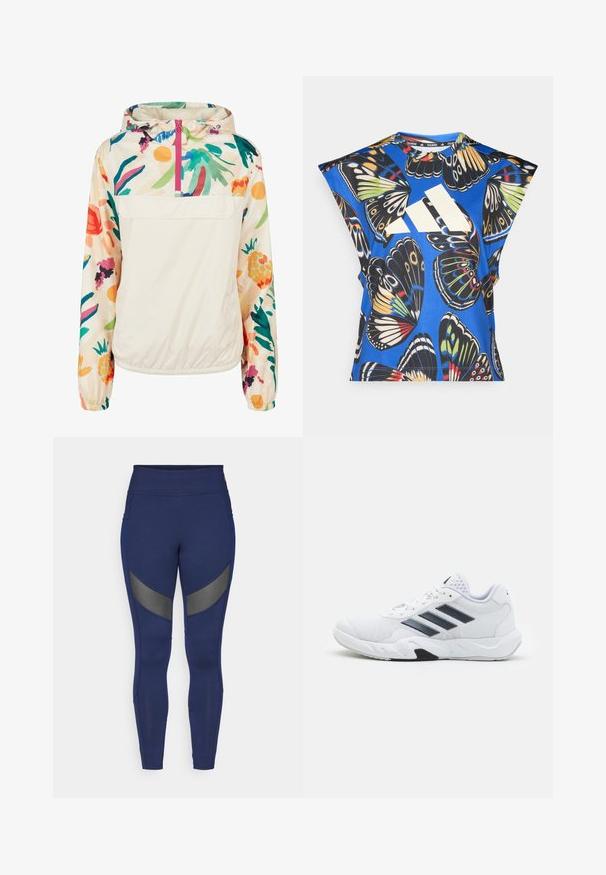 Könnyű, krémszínű pulóver dzseki élénk színekben pompázó virágmintával. Elöl cipzárral, kapucnival és elasztikus mandzsettákkal a biztonságos illeszkedés érdekében.; Kék, rövid ujjú ing, amelyet élénk pillangó mintázat díszít különböző színekben, az elején egy nagy fehér logóval és kerek nyakkivágással.; Sötétkék leggings rugalmas anyagból, szürke díszítő panelek és magas derék jellemzi. Aktív viseletre tervezték.; Fehér sportcipő, hálós felsőrésszel, az oldalon három fekete csíkkal, textúrázott részletekkel és egy tartós gumi talppal, amelynek ellentétes fekete szakasza van.