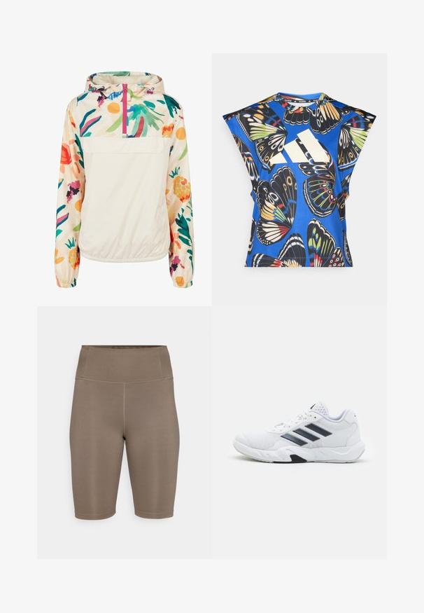 Gaišs, krēmkrāsas džemperis ar ziedu rakstu spilgtās krāsās. Iespējas ietver priekšējo rāvējslēdzēju, kapuci un elastīgas aproces drošai piegulšanai.; Zils īsām piedurknēm krekls ar dzīvīgu tauriņu drukājumu dažādās krāsās, ar lielu baltu logo priekšpusē un apaļu kakla izgriezumu.; Brūnas velosipēdu šorti, izgatavoti no elastīga auduma ar augstu jostasvietu. Raksturo gluda tekstūra un plakani vīlējumi komfortam. Nav redzamu logotipu vai rakstu.; Baltā sporta apavi ar sietu augšdaļu, trīs melnām svītrām sānos, teksturētām akcentiem un izturīgu gumijas zoli ar kontrastējošu melnu daļu.