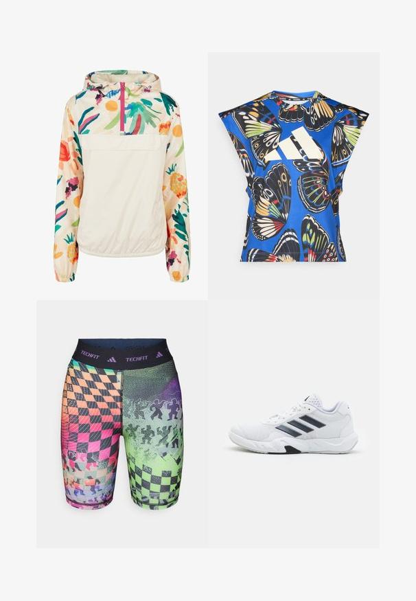 Lightweight, cream pullover jacket with a floral pattern in vibrant colors. Features a front zip, hood, and elastic cuffs for a secure fit.; Blue short-sleeve shirt featuring a vibrant butterfly print in various colors, with a large white logo on the front and a round neckline.; Adidas Techfit shorts featuring a multicolored checkerboard pattern with geometric designs, made from stretch fabric with a comfortable waistband.; White athletic shoe with mesh upper, three black stripes on the side, textured accents, and a sturdy rubber sole with a contrasting black section.