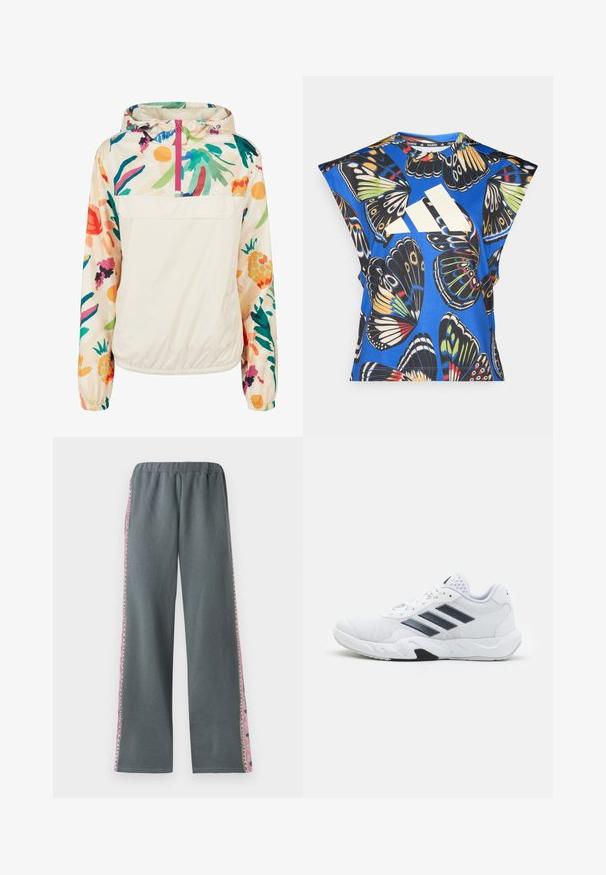 Lichtgewicht, crèmekleurige pulloverjack met een bloemenpatroon in levendige kleuren. Voorzien van een rits aan de voorkant, een capuchon en elastische manchetten voor een omsloten pasvorm.; Blauw T-shirt met korte mouwen, versierd met een levendige vlinderprint in verschillende kleuren, met een groot wit logo aan de voorkant en een ronde halslijn.; Grijze joggers met een elastische taille, wijde pijpen en kleurrijke patroonaccenten langs de zijkanten. Gemaakt van zacht, comfortabel materiaal.; Witte sportieve schoen met een bovenwerk van mesh, drie zwarte strepen aan de zijkant, gestructureerde accenten en een stevige rubberen zool met een contrasterend zwart gedeelte.