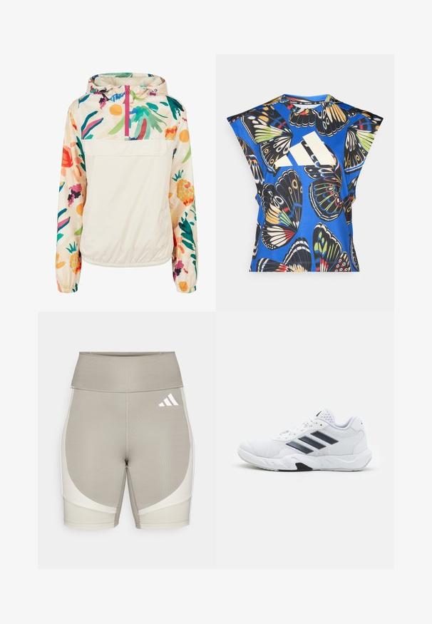 Lekka, kremowa kurtka z kapturem z kwiatowym wzorem w intensywnych kolorach. Posiada zamek z przodu, kaptur i elastyczne mankiety dla pewnego dopasowania.; Niebieska koszula z krótkim rękawem z żywym nadrukiem motyli w różnych kolorach, z dużym białym logo z przodu i okrągłym dekoltem.; Beżowe szorty sportowe z wysokim pasem, wykonane z elastycznej tkaniny. Posiadają białe panele boczne i logo Adidas na górnej prawej stronie.; Białe buty sportowe z siateczkową cholewką, trzy czarne paski po boku, teksturowane akcenty i solidna gumowa podeszwa z kontrastującą czarną sekcją.