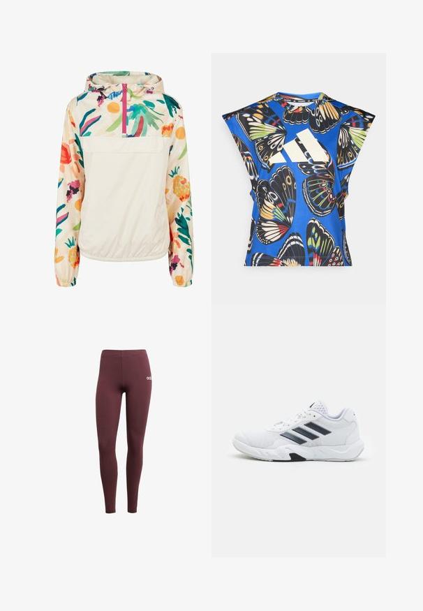 Giacca leggera a pullover in crema con un motivo floreale dai colori vivaci. Caratterizzata da una zip anteriore, cappuccio e polsini elastici per una vestibilità sicura.; Camicia blu a maniche corte con una vivace stampa di farfalle in vari colori, dotata di un grande logo bianco sul davanti e di un collo rotondo.; Leggings bordeaux realizzati in materiale elasticizzato, con una finitura liscia e un bordo elastico in vita, accentuati da un piccolo logo bianco sul lato.; Scarpa sportiva bianca con tomaia in mesh, tre strisce nere sui lati, dettagli testurizzati e una suola in gomma robusta con una sezione nera a contrasto.