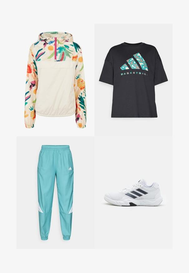 Lahki, kremni pulover jakna s cvetličnim vzorcem v živih barvah. Ima sprednji zadrgo, kapuco in elastične manšete za varen oprijem.; Črn oversized t-shirt iz bombaža, okrašen s turkiznim abstraktnim vzorcem in besedo "KOŠARKA" v kontrastnem besedilu pod logotipom.; Turkizne športne hlače z elastičnim pasom, z belimi diagonalnimi črtami na spodnjem delu hlač in stranskimi žepe. Narejene so iz lahkotnega materiala.; Bela atletska čevlja z mrežastim zgornjim delom, tremi črnimi črtami na strani, teksturiranimi dodatki in trdim gumijastim podplatom z kontrastnim črnim delom.
