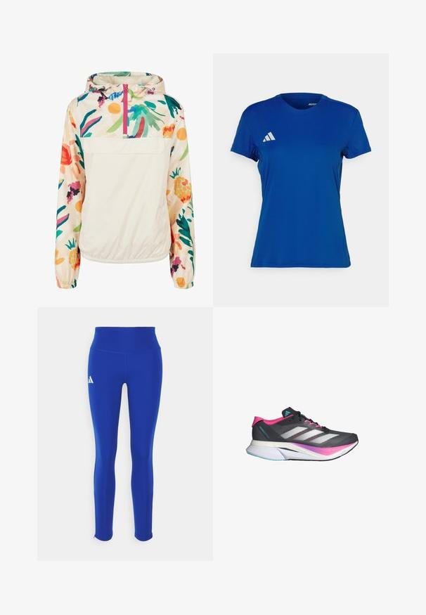 Giacca leggera a pullover in crema con un motivo floreale dai colori vivaci. Caratterizzata da una zip anteriore, cappuccio e polsini elastici per una vestibilità sicura.; Maglietta sportiva blu a maniche corte con collo rotondo; realizzata in tessuto leggero; presenta un logo Adidas bianco sulla spalla sinistra.; Leggings atletici blu con vita alta, realizzati in materiale elastico, con un logo bianco sull'anca sinistra e orli discreti.; Scarpa da corsa con una tomaia in mesh grigia, dettagli in rosa e strisce bianche. Presenta una suola ammortizzata e un design slanciato e aerodinamico.