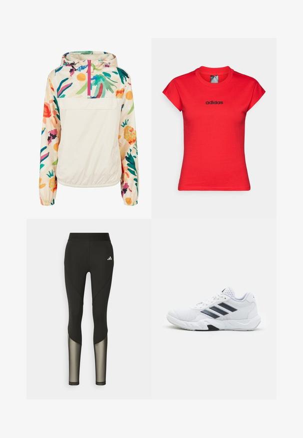Lekka, kremowa kurtka z kapturem z kwiatowym wzorem w intensywnych kolorach. Posiada zamek z przodu, kaptur i elastyczne mankiety dla pewnego dopasowania.; Czerwona, dopasowana koszulka z bawełny z krótkimi, podwiniętymi rękawami oraz czarnym logo "adidas" na piersi. Gładka faktura i okrągły dekolt.; Czarne legginsy sportowe z wysokim stanem, z siateczkowymi akcentami na dolnych nogawkach oraz haftowanym logo na biodrze.; Białe buty sportowe z siateczkową cholewką, trzy czarne paski po boku, teksturowane akcenty i solidna gumowa podeszwa z kontrastującą czarną sekcją.