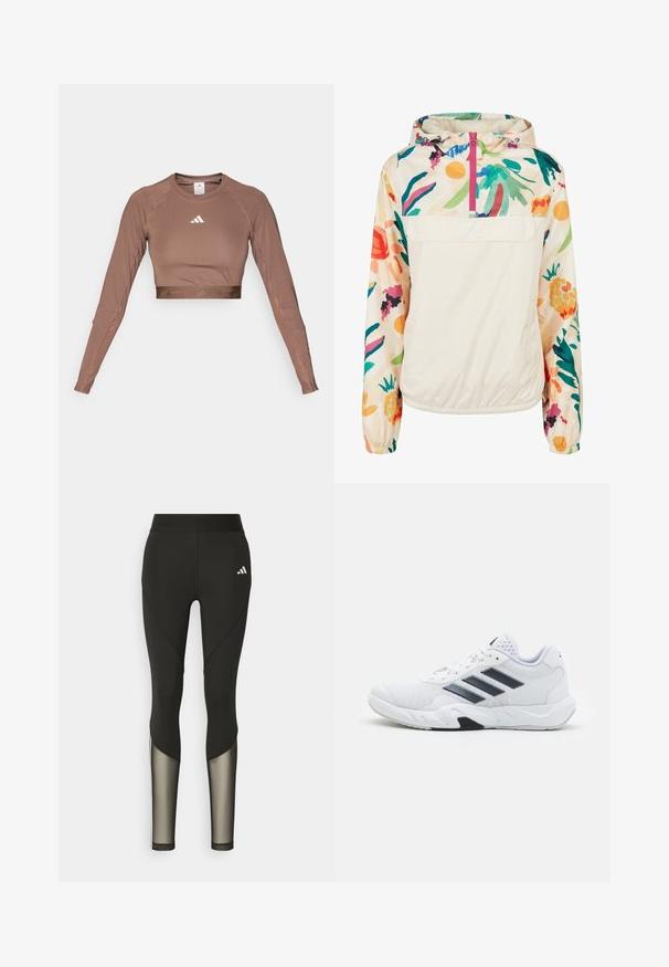 Lightweight, cream pullover jacket with a floral pattern in vibrant colors. Features a front zip, hood, and elastic cuffs for a secure fit.; Brown long-sleeve crop top made of smooth, stretchy fabric. Features a rounded neckline and a contrasting white logo on the chest.; Black athletic leggings with a high waistband, featuring mesh accents on the lower legs and an embroidered logo on the hip.; White athletic shoe with mesh upper, three black stripes on the side, textured accents, and a sturdy rubber sole with a contrasting black section.