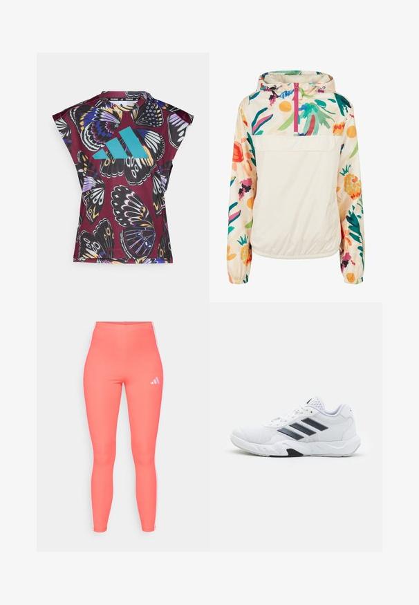 Könnyű, krémszínű pulóver dzseki élénk színekben pompázó virágmintával. Elöl cipzárral, kapucnival és elasztikus mandzsettákkal a biztonságos illeszkedés érdekében.; Maroons és fekete, rövid ujjú sportpóló pillangó mintával; türkiz színű logó részlet; sima szövettextúra.; Korall színű sportleggings rugalmas anyagból, fehér oldalsávokkal és egy kis fehér logóval a bal felső részen.; Fehér sportcipő, hálós felsőrésszel, az oldalon három fekete csíkkal, textúrázott részletekkel és egy tartós gumi talppal, amelynek ellentétes fekete szakasza van.