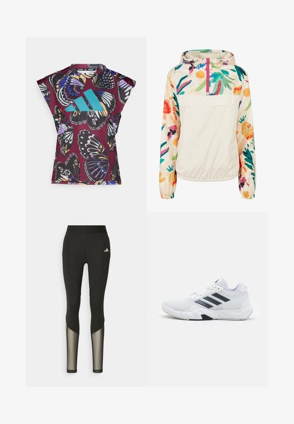 Lätt, krämfärgad pullover-jacka med blommönster i livliga färger. Har en framzip, huva och elastiska ärmslut för en säker passform.; Mörk röd och svart kortärmad träningsskjorta med fjärilstryck; turkos logodetalj; slät tygtextur.; Svarta sportleggings med hög midja, som har meshdetaljer på underbenen och en broderad logga vid höften.; Vit sportskor med mesh-överdel, tre svarta ränder på sidan, texturerade detaljer och en stadig gummisula med en kontrasterande svart del.