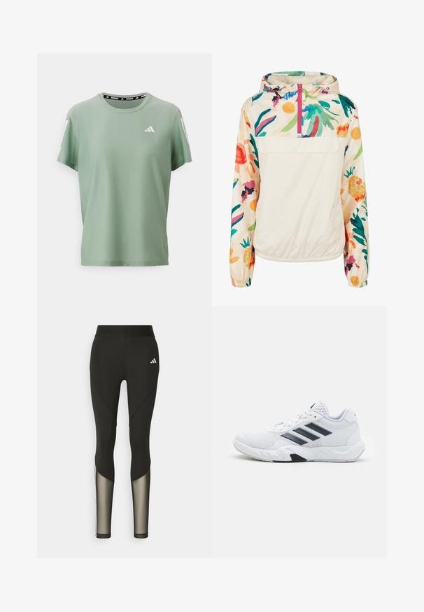 Lahki, kremni pulover jakna s cvetličnim vzorcem v živih barvah. Ima sprednji zadrgo, kapuco in elastične manšete za varen oprijem.; adidas Performance TEE - Športne majice - silver green; Črne športne legice z visokim pasom, ki imajo mrežaste detajle na spodnjem delu nogavic in vezeno logotip na boki.; Bela atletska čevlja z mrežastim zgornjim delom, tremi črnimi črtami na strani, teksturiranimi dodatki in trdim gumijastim podplatom z kontrastnim črnim delom.