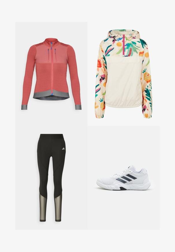 Letvægts, cremet pullover-jakke med et blomsterdesign i strålende farver. Har en lynlås foran, hætte og elastiske manchetter for en sikker pasform.; Hindbærfarvet cykeljakke med lange ærmer, tekstureret stof, fuld frontlynlås, grå kant, blå lynlås træk og reflekterende detaljer.; Sorte atletiske leggings med høj talje, der har mesh-detaljer nederst på benene og et broderet logo på hoften.; Hvid atletisk sko med mesh-overdel, tre sorte striber på siden, strukturerede accenter og en robust gummisål med et kontrasterende sort område.