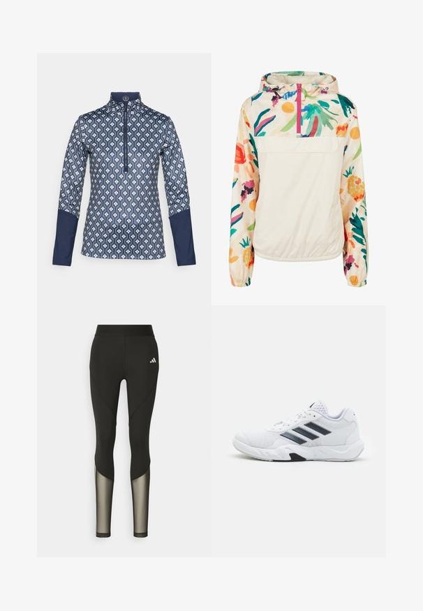 Lahki, kremni pulover jakna s cvetličnim vzorcem v živih barvah. Ima sprednji zadrgo, kapuco in elastične manšete za varen oprijem.; Majica z dolgimi rokavi in zadrgo v temno mornarski modri barvi z geometrijskim belim vzorcem; vključuje enobarne mornarsko modre poudarke na rokavih in ovratniku.; Črne športne legice z visokim pasom, ki imajo mrežaste detajle na spodnjem delu nogavic in vezeno logotip na boki.; Bela atletska čevlja z mrežastim zgornjim delom, tremi črnimi črtami na strani, teksturiranimi dodatki in trdim gumijastim podplatom z kontrastnim črnim delom.