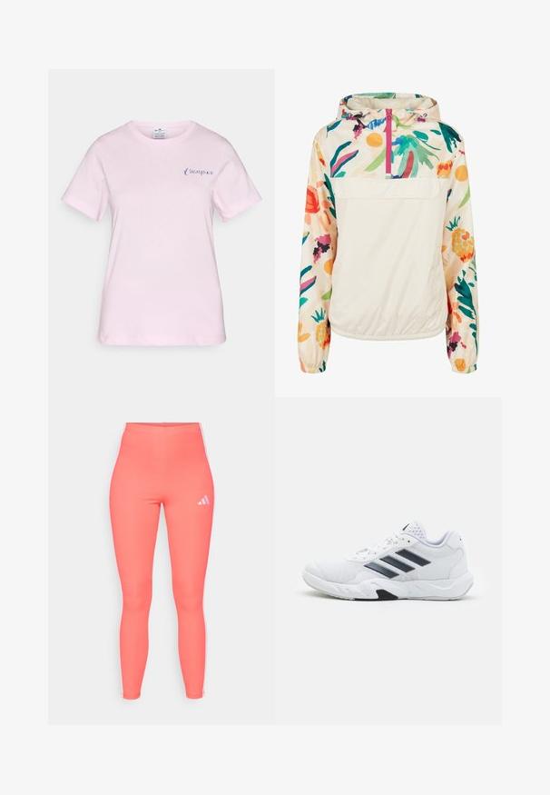 Gaišs, krēmkrāsas džemperis ar ziedu rakstu spilgtās krāsās. Iespējas ietver priekšējo rāvējslēdzēju, kapuci un elastīgas aproces drošai piegulšanai.; Rozā kokvilnas T-krekls ar īsām piedurknēm, kuram uz kreisā krūts ir smalks zils "Champion" logs un apaļa kakla izgriezums.; Koraļļu sporta legingi, izgatavoti no elastīga materiāla, ar baltām sānu svītrām un mazu baltu logotipu augšējā kreisajā stūrī.; Baltā sporta apavi ar sietu augšdaļu, trīs melnām svītrām sānos, teksturētām akcentiem un izturīgu gumijas zoli ar kontrastējošu melnu daļu.