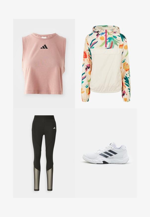 Letvægts, cremet pullover-jakke med et blomsterdesign i strålende farver. Har en lynlås foran, hætte og elastiske manchetter for en sikker pasform.; Lyserød cropped tanktop lavet af blød stof, med rund halsudskæring og sort Adidas-logo på fronten. Uden ærmer.; Sorte atletiske leggings med høj talje, der har mesh-detaljer nederst på benene og et broderet logo på hoften.; Hvid atletisk sko med mesh-overdel, tre sorte striber på siden, strukturerede accenter og en robust gummisål med et kontrasterende sort område.