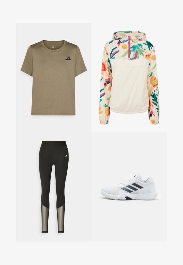 Lengvas, kreminės spalvos megztinis su gėlėmis ryškiomis spalvomis. Savybės: priekinis užtrauktukas, kapišonas ir elastingi rankogaliai, užtikrinantys tvirtą tinkamumą.; Alyvuogių žalios spalvos trumpomis rankovėmis marškinėliai, pagaminti iš lygios medžiagos, su juodu logotipu kairėje krūtinės pusėje ir apvalia kaklo iškirpte.; Juodos sportinės legging'os su aukštu juosmeniu, turinčios tinklo akcentus apatiniuose šlaunų regionuose ir išsiuvinėtą logotipą ant klubų.; Baltas sportinis batelis su tinklelio viršumi, trimis juodomis juostelėmis šone, tekstūruotais akcentais ir tvirtu guminio pado su kontrastinga juoda dalimi.