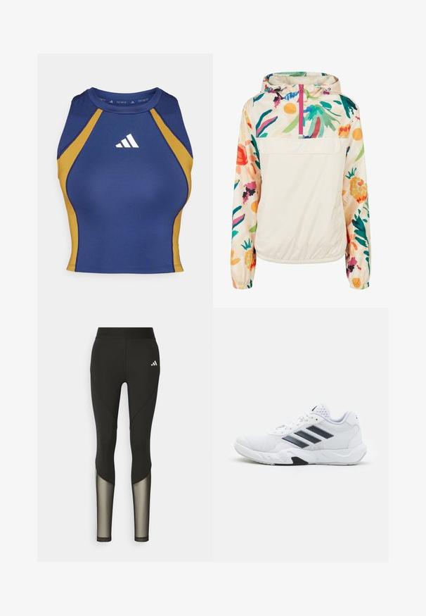 Chaqueta ligera de crema con un patrón floral en colores vibrantes. Presenta un cierre frontal, capucha y puños elásticos para un ajuste seguro.; Camiseta sin mangas Adidas TECHFIT en azul marino con detalles dorados. Tejido suave con un diseño ajustado y logo blanco en el pecho.; Leggings deportivos negros con una cintura alta, que presentan detalles de malla en las piernas inferiores y un logo bordado en la cadera.; Zapatilla deportiva blanca con parte superior de malla, tres franjas negras a los lados, acentos texturizados y una suela de goma resistente con una sección negra en contraste.