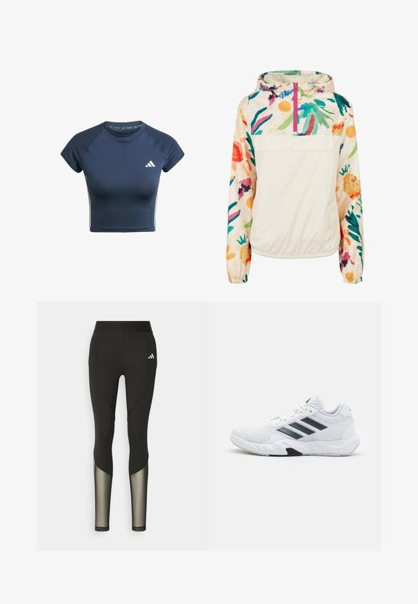Leichter, cremefarbener Pullover-Jacke mit einem blumigen Muster in lebendigen Farben. Verfügt über einen Frontreißverschluss, eine Kapuze und elastische Bündchen für einen sicheren Sitz.; Marineblaues sportliches Crop-Top mit kurzen Ärmeln, gerippten Schulterbereichen und weißen Streifenakzenten an den Seiten. Mit Markenlogo auf der Brust.; Schwarze Sportleggings mit hohem Bund, die Mesh-Einsätze an den Unterschenkeln und ein gesticktes Logo an der Hüfte aufweisen.; Weißer Sportschuh mit Mesh-Obermaterial, drei schwarzen Streifen an der Seite, strukturierten Akzenten und einer robusten Gummisohle mit einem kontrastierenden schwarzen Bereich.