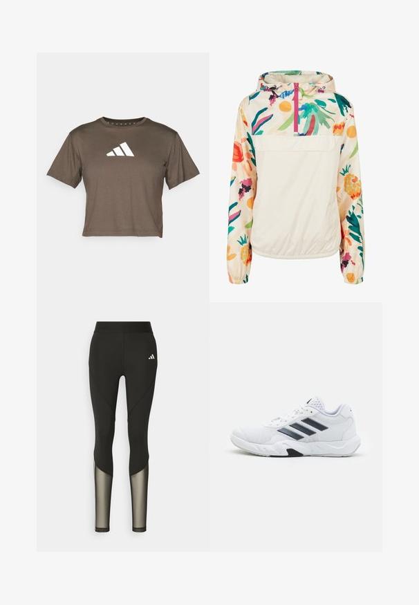 Lett, kremfarget genserjakke med blomsterpr mønster i livlige farger. Har glidelås foran, hette og elastiske mansjetter for en sikker passform.; Brun cropped t-skjorte med korte ermer, rund hals og en hvit Adidas-logo på forsiden. Glatt stofftekstur.; Sorte treningsbukser med høy midje, med mesh-detaljer på nedre ben og brodert logo på hoften.; Hvit sportsko med mesh-overdel, tre svarte striper på siden, teksturerte detaljer og en solid gummisåle med en kontrasterende svart seksjon.