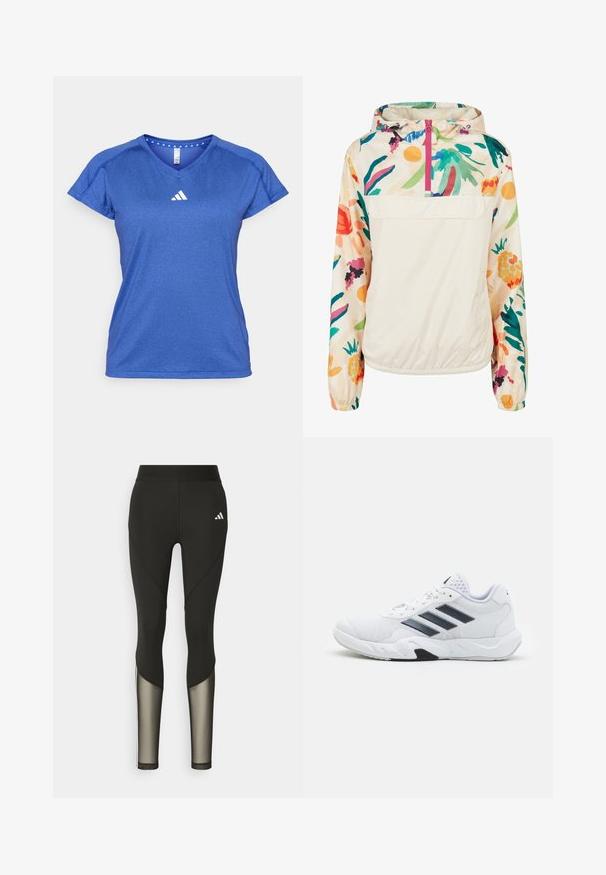 Lekka, kremowa kurtka z kapturem z kwiatowym wzorem w intensywnych kolorach. Posiada zamek z przodu, kaptur i elastyczne mankiety dla pewnego dopasowania.; adidas Performance - Koszulka sportowa; Czarne legginsy sportowe z wysokim stanem, z siateczkowymi akcentami na dolnych nogawkach oraz haftowanym logo na biodrze.; Białe buty sportowe z siateczkową cholewką, trzy czarne paski po boku, teksturowane akcenty i solidna gumowa podeszwa z kontrastującą czarną sekcją.