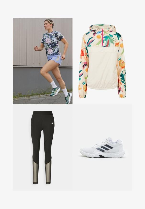 Lightweight, cream pullover jacket with a floral pattern in vibrant colors. Features a front zip, hood, and elastic cuffs for a secure fit.; adidas Performance TEE - Sports T-shirt - aurora ink/sandy pink; Black athletic leggings with a high waistband, featuring mesh accents on the lower legs and an embroidered logo on the hip.; White athletic shoe with mesh upper, three black stripes on the side, textured accents, and a sturdy rubber sole with a contrasting black section.