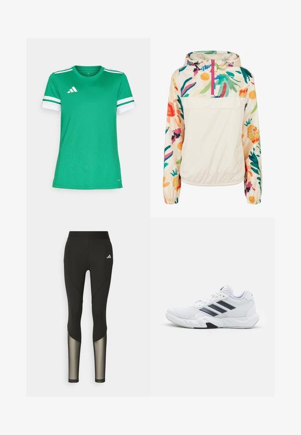 Lengvas, kreminės spalvos megztinis su gėlėmis ryškiomis spalvomis. Savybės: priekinis užtrauktukas, kapišonas ir elastingi rankogaliai, užtikrinantys tvirtą tinkamumą.; Žalia sportinė marškinė pagaminta iš lengvos medžiagos, turi apvalų kaklą, baltais dryžiais dekoruotas rankoves ir logotipą viršutiniame kairiajame kampe.; Juodos sportinės legging'os su aukštu juosmeniu, turinčios tinklo akcentus apatiniuose šlaunų regionuose ir išsiuvinėtą logotipą ant klubų.; Baltas sportinis batelis su tinklelio viršumi, trimis juodomis juostelėmis šone, tekstūruotais akcentais ir tvirtu guminio pado su kontrastinga juoda dalimi.