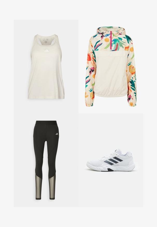 Veste à capuche légère en crème avec un motif floral aux couleurs vives. Elle dispose d'une fermeture éclair à l'avant et de poignets élastiques pour un ajustement sécurisé.; adidas Performance TRAIN ESSENTIALS MINIMAL BRANDING RACERBACK - Débardeur - alumina/white; Leggings de sport noirs avec une taille haute, présentant des accents en mesh sur le bas des jambes et un logo brodé sur la hanche.; Baskets blanches avec une tige en maille, trois rayures noires sur le côté, des accents texturés et une semelle en caoutchouc robuste avec une section noire contrastante.