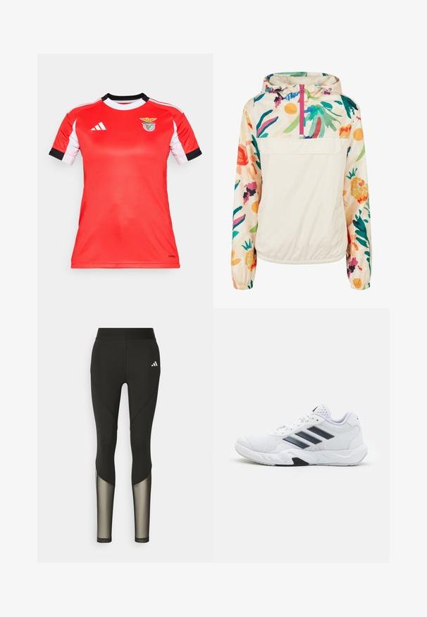 Veste à capuche légère en crème avec un motif floral aux couleurs vives. Elle dispose d'une fermeture éclair à l'avant et de poignets élastiques pour un ajustement sécurisé.; Maillot de sport rouge avec des manches courtes blanches et des accents noirs. Présente le logo du Benfica sur la poitrine. Fabriqué en tissu respirant.; Leggings de sport noirs avec une taille haute, présentant des accents en mesh sur le bas des jambes et un logo brodé sur la hanche.; Baskets blanches avec une tige en maille, trois rayures noires sur le côté, des accents texturés et une semelle en caoutchouc robuste avec une section noire contrastante.