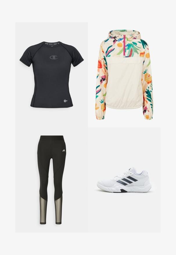 Lekka, kremowa kurtka z kapturem z kwiatowym wzorem w intensywnych kolorach. Posiada zamek z przodu, kaptur i elastyczne mankiety dla pewnego dopasowania.; Czarna koszulka sportowa wykonana z elastycznego materiału. Posiada krótkie rękawy, okrągły dekolt oraz dyskretną logo na klatce piersiowej i dolnej krawędzi.; Czarne legginsy sportowe z wysokim stanem, z siateczkowymi akcentami na dolnych nogawkach oraz haftowanym logo na biodrze.; Białe buty sportowe z siateczkową cholewką, trzy czarne paski po boku, teksturowane akcenty i solidna gumowa podeszwa z kontrastującą czarną sekcją.