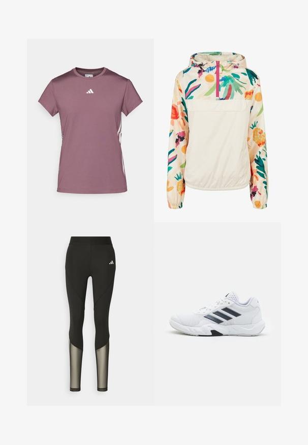 Lett, kremfarget genserjakke med blomsterpr mønster i livlige farger. Har glidelås foran, hette og elastiske mansjetter for en sikker passform.; adidas Performance T-skjorte til trening - purple; Sorte treningsbukser med høy midje, med mesh-detaljer på nedre ben og brodert logo på hoften.; Hvit sportsko med mesh-overdel, tre svarte striper på siden, teksturerte detaljer og en solid gummisåle med en kontrasterende svart seksjon.