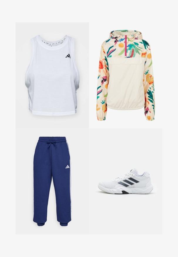 Lagani, krem pulover jakna s cvjetnim uzorkom u živim bojama. Ima prednji zip, kapuljaču i elastične manžete za sigurno prianjanje.; Bjela skraćena majica bez rukava izrađena od laganog materijala s okruglim izrezom. Sadrži crni logo s lijeve strane i glatku teksturu.; Mornarske sportske hlače izrađene od mekog materijala, s bijelim bočnim trakama, elastičnim pojasom s podesivom vezicom i elastičnim manžetama.; Bijela atletska cipela s mrežastim gornjim dijelom, tri crne pruge sa strane, strukturirani detalji i čvrst gumeni potplat s kontrastnim crnim dijelom.