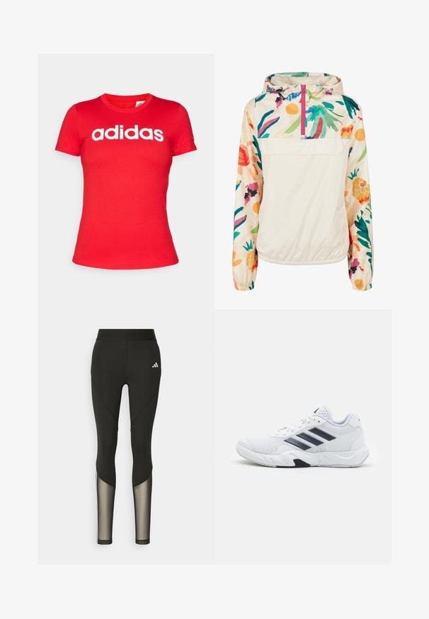 Gaišs, krēmkrāsas džemperis ar ziedu rakstu spilgtās krāsās. Iespējas ietver priekšējo rāvējslēdzēju, kapuci un elastīgas aproces drošai piegulšanai.; adidas Sportswear W LIN T - Apdrukāts T-krekls - better scarlet; Melna sporta leggingi ar augstu jostasvietu, kas ar tīkla akcentiem apakšējās kājās un iešūtu logo gurnā.; Baltā sporta apavi ar sietu augšdaļu, trīs melnām svītrām sānos, teksturētām akcentiem un izturīgu gumijas zoli ar kontrastējošu melnu daļu.