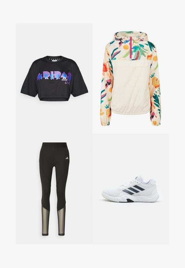 Lagani, krem pulover jakna s cvjetnim uzorkom u živim bojama. Ima prednji zip, kapuljaču i elastične manžete za sigurno prianjanje.; Crna skraćena majica kratkih rukava od laganog materijala, sa velikim ljubičastim i plavim grafičkim natpisom i dizajnerskim elementima na prednjoj strani.; Crne atletske tajice s visokim strukom, sa mrežastim detaljima na donjim nogavicama i izvezenim logotipom na kuku.; Bijela atletska cipela s mrežastim gornjim dijelom, tri crne pruge sa strane, strukturirani detalji i čvrst gumeni potplat s kontrastnim crnim dijelom.