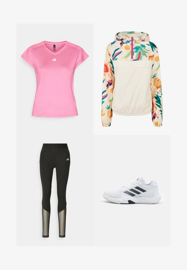 Gaišs, krēmkrāsas džemperis ar ziedu rakstu spilgtās krāsās. Iespējas ietver priekšējo rāvējslēdzēju, kapuci un elastīgas aproces drošai piegulšanai.; Rozā sporta T-krekls ar īsām piedurknēm un V veida kakla izgriezumu, izgatavots no viegla sintētiska materiāla. Ar baltu logo uz krūtīm un rakstainu kakla apdari.; Melna sporta leggingi ar augstu jostasvietu, kas ar tīkla akcentiem apakšējās kājās un iešūtu logo gurnā.; Baltā sporta apavi ar sietu augšdaļu, trīs melnām svītrām sānos, teksturētām akcentiem un izturīgu gumijas zoli ar kontrastējošu melnu daļu.