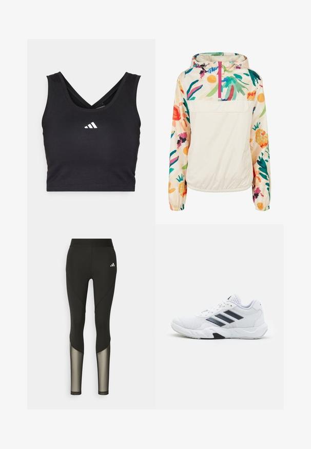 Gaišs, krēmkrāsas džemperis ar ziedu rakstu spilgtās krāsās. Iespējas ietver priekšējo rāvējslēdzēju, kapuci un elastīgas aproces drošai piegulšanai.; Melns crop top ar V-veida kakla izgriezumu, aizmugurē pārklātiem lencēm un baltu Adidas logotipu centrā. Izgatavots no viegla auduma.; Melna sporta leggingi ar augstu jostasvietu, kas ar tīkla akcentiem apakšējās kājās un iešūtu logo gurnā.; Baltā sporta apavi ar sietu augšdaļu, trīs melnām svītrām sānos, teksturētām akcentiem un izturīgu gumijas zoli ar kontrastējošu melnu daļu.