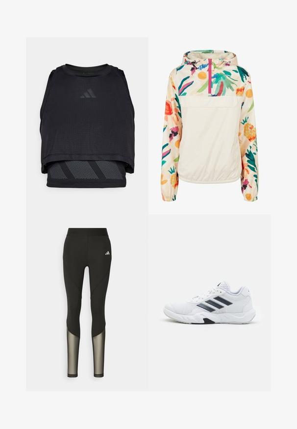 Jachetă pulover ușoară, din crem, cu un model floral în culori vibrante. Are un fermoar frontal, gluga și manșete elastice pentru o fixare sigură.; Top sportiv negru, cu un design din plasă, gât rotund și un element de suprapunere cu dungi diagonale gri. Material texturat și respirabil.; Leggings negri pentru sport, cu talie înaltă, având accente din plasă pe picioare și un logo brodat pe șold.; Adidași albi cu partea superioară din plasă, trei dungi negre pe lateral, accente texturate și o talpă din cauciuc solidă cu o secțiune contrastantă neagră.