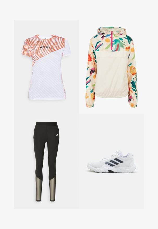Lengvas, kreminės spalvos megztinis su gėlėmis ryškiomis spalvomis. Savybės: priekinis užtrauktukas, kapišonas ir elastingi rankogaliai, užtikrinantys tvirtą tinkamumą.; Balta ir oranžinė trumpomis rankovėmis sportinė marškinė su įstrižainėmis juostelėmis ir „TERREX“ logotipu ant krūtinės.; Juodos sportinės legging'os su aukštu juosmeniu, turinčios tinklo akcentus apatiniuose šlaunų regionuose ir išsiuvinėtą logotipą ant klubų.; Baltas sportinis batelis su tinklelio viršumi, trimis juodomis juostelėmis šone, tekstūruotais akcentais ir tvirtu guminio pado su kontrastinga juoda dalimi.