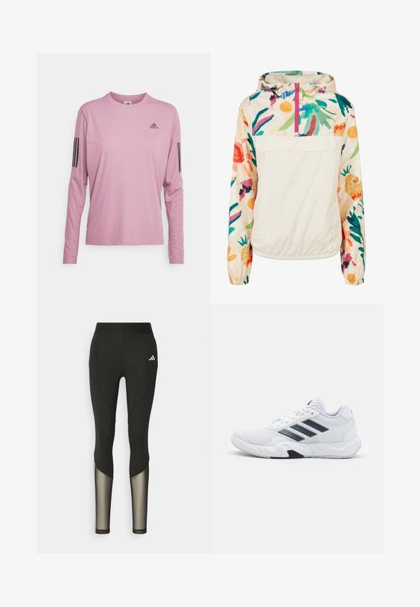 Jachetă pulover ușoară, din crem, cu un model floral în culori vibrante. Are un fermoar frontal, gluga și manșete elastice pentru o fixare sigură.; adidas Performance OWN THE RUN - Bluză cu mânecă lungă - wonde orchid; Leggings negri pentru sport, cu talie înaltă, având accente din plasă pe picioare și un logo brodat pe șold.; Adidași albi cu partea superioară din plasă, trei dungi negre pe lateral, accente texturate și o talpă din cauciuc solidă cu o secțiune contrastantă neagră.