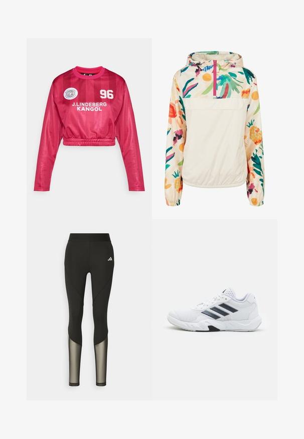 Jachetă pulover ușoară, din crem, cu un model floral în culori vibrante. Are un fermoar frontal, gluga și manșete elastice pentru o fixare sigură.; Jersey scurt cu mânecă lungă într-o nuanță vibrantă de roz cu un finisaj lucios, având inscripția "J. LINDEBERG KANGOL" și un print numeric, margine elastică și un design sportiv.; Leggings negri pentru sport, cu talie înaltă, având accente din plasă pe picioare și un logo brodat pe șold.; Adidași albi cu partea superioară din plasă, trei dungi negre pe lateral, accente texturate și o talpă din cauciuc solidă cu o secțiune contrastantă neagră.