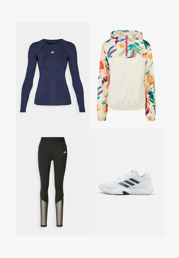 Leichter, cremefarbener Pullover-Jacke mit einem blumigen Muster in lebendigen Farben. Verfügt über einen Frontreißverschluss, eine Kapuze und elastische Bündchen für einen sicheren Sitz.; adidas Performance Langarmshirt - legend ink; Schwarze Sportleggings mit hohem Bund, die Mesh-Einsätze an den Unterschenkeln und ein gesticktes Logo an der Hüfte aufweisen.; Weißer Sportschuh mit Mesh-Obermaterial, drei schwarzen Streifen an der Seite, strukturierten Akzenten und einer robusten Gummisohle mit einem kontrastierenden schwarzen Bereich.