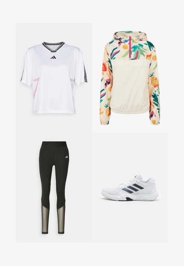 Chaqueta ligera de crema con un patrón floral en colores vibrantes. Presenta un cierre frontal, capucha y puños elásticos para un ajuste seguro.; Camiseta deportiva blanca con acentos rosas en los lados, rayas negras en las mangas cortas y un cuello en V negro, confeccionada en material transpirable.; Leggings deportivos negros con una cintura alta, que presentan detalles de malla en las piernas inferiores y un logo bordado en la cadera.; Zapatilla deportiva blanca con parte superior de malla, tres franjas negras a los lados, acentos texturizados y una suela de goma resistente con una sección negra en contraste.