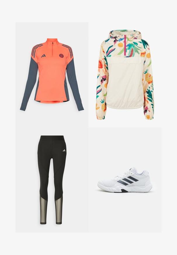 Lengvas, kreminės spalvos megztinis su gėlėmis ryškiomis spalvomis. Savybės: priekinis užtrauktukas, kapišonas ir elastingi rankogaliai, užtikrinantys tvirtą tinkamumą.; Ilga rankovė sportinė palaidinė su pusiau užtrauktuku, ryškiai koralinės spalvos, pilkų rankovių, trimis juodomis juostelėmis ir apskritimu ant krūtinės.; Juodos sportinės legging'os su aukštu juosmeniu, turinčios tinklo akcentus apatiniuose šlaunų regionuose ir išsiuvinėtą logotipą ant klubų.; Baltas sportinis batelis su tinklelio viršumi, trimis juodomis juostelėmis šone, tekstūruotais akcentais ir tvirtu guminio pado su kontrastinga juoda dalimi.