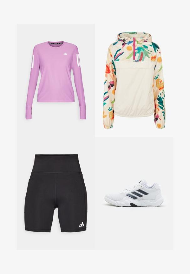 Lichtgewicht, crèmekleurige pulloverjack met een bloemenpatroon in levendige kleuren. Voorzien van een rits aan de voorkant, een capuchon en elastische manchetten voor een omsloten pasvorm.; adidas Performance Longsleeve - preloved purple; Zwarte sportieve shorts van rekbaar materiaal. Hoge tailleband, van gemiddelde dijlengte, met een witte driekleurige logo op de linkeronderzijde.; Witte sportieve schoen met een bovenwerk van mesh, drie zwarte strepen aan de zijkant, gestructureerde accenten en een stevige rubberen zool met een contrasterend zwart gedeelte.