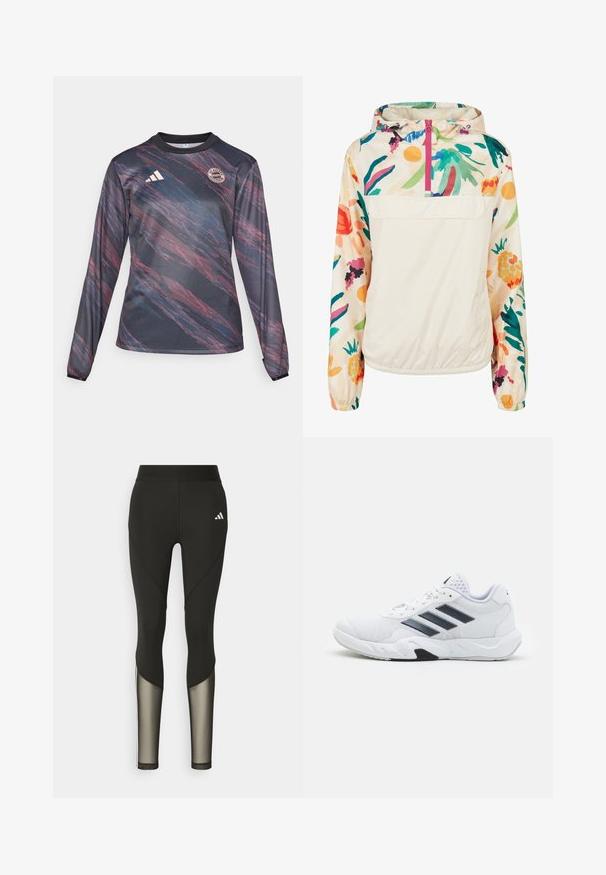 Giacca leggera a pullover in crema con un motivo floreale dai colori vivaci. Caratterizzata da una zip anteriore, cappuccio e polsini elastici per una vestibilità sicura.; Maglia sportiva a maniche lunghe realizzata in un tessuto nero testurizzato con motivi astratti rossi e blu; presenta il logo adidas e l'emblema della squadra sul petto.; Leggings sportivi neri con vita alta, dotati di inserti in rete sulla parte inferiore delle gambe e di un logo ricamato sull'anca.; Scarpa sportiva bianca con tomaia in mesh, tre strisce nere sui lati, dettagli testurizzati e una suola in gomma robusta con una sezione nera a contrasto.